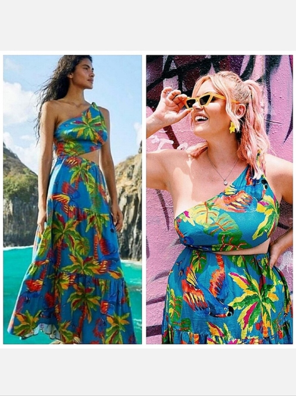 FARM Rio Blue Tropical One-Shoulder Maxi Dress with Multicolor Palm Print